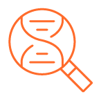 DNA strand in magnifying glass icon to illustrate that genetic testing in a relevant tool to support clinical pratice and personalized medicine